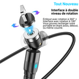 Cable USB embout magnétique rotatif micro-USB, Type-C ou Lightning