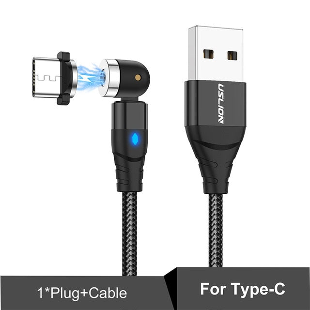 USLION – câble magnétique USB Micro et Type C 5A rotatif à 540