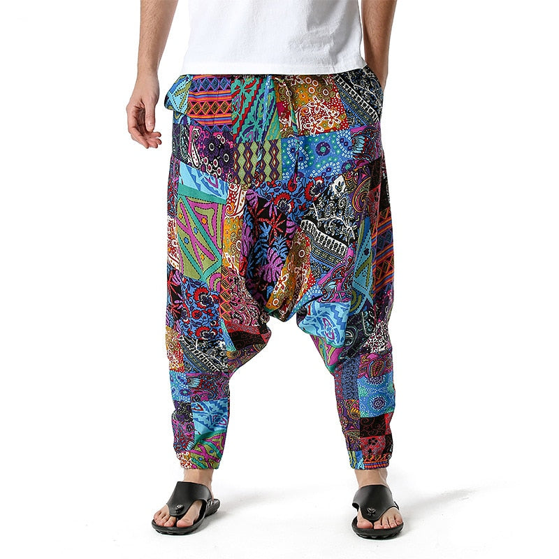 Thai Hill Tribe Fabric Men's Harem Pants with Ankle Straps in Teal