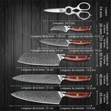 kit 7 couteaux en acier damas avec ciseaux multifonction